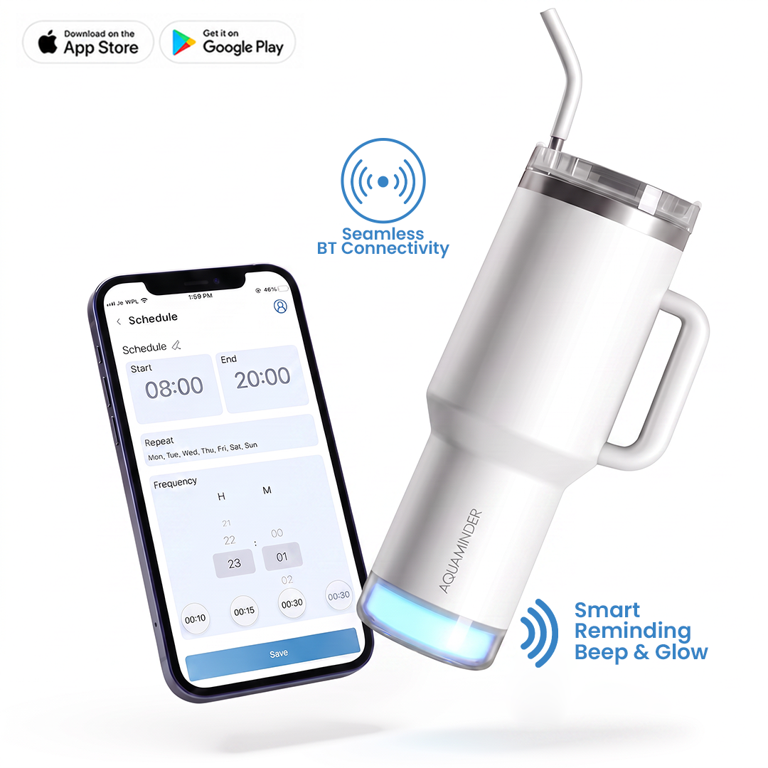 Nile+ Smart Reminder Led Vacuum Tumbler with Sipper Cap, Straw & Aquaminder APP Connectivity | 1200ML | White